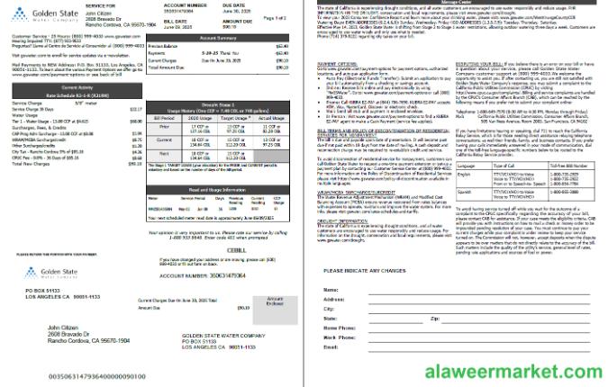 USA Golden State Water Company utility bill template in Word and PDF formats, 2 pages